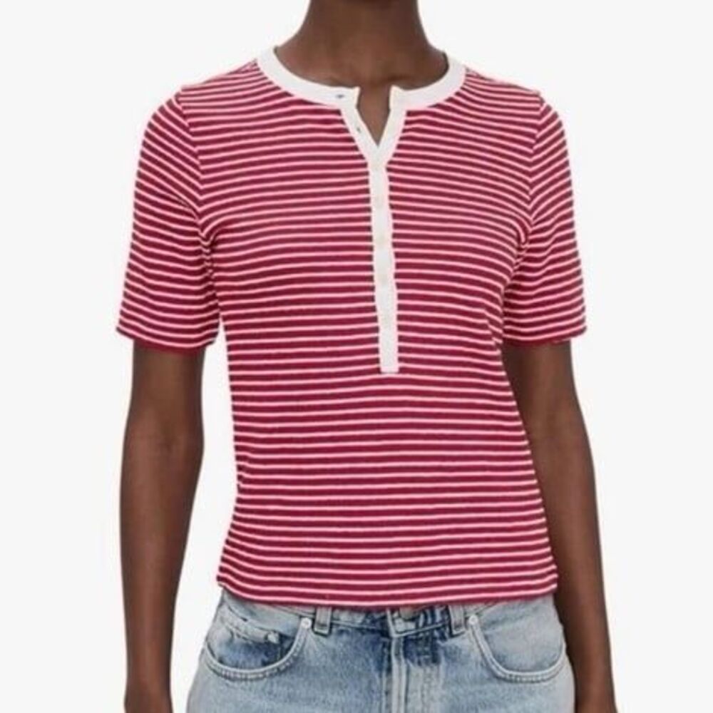 Madewell Red Striped Henley Textured Cotton Knit Top Short Sleeves Size XL